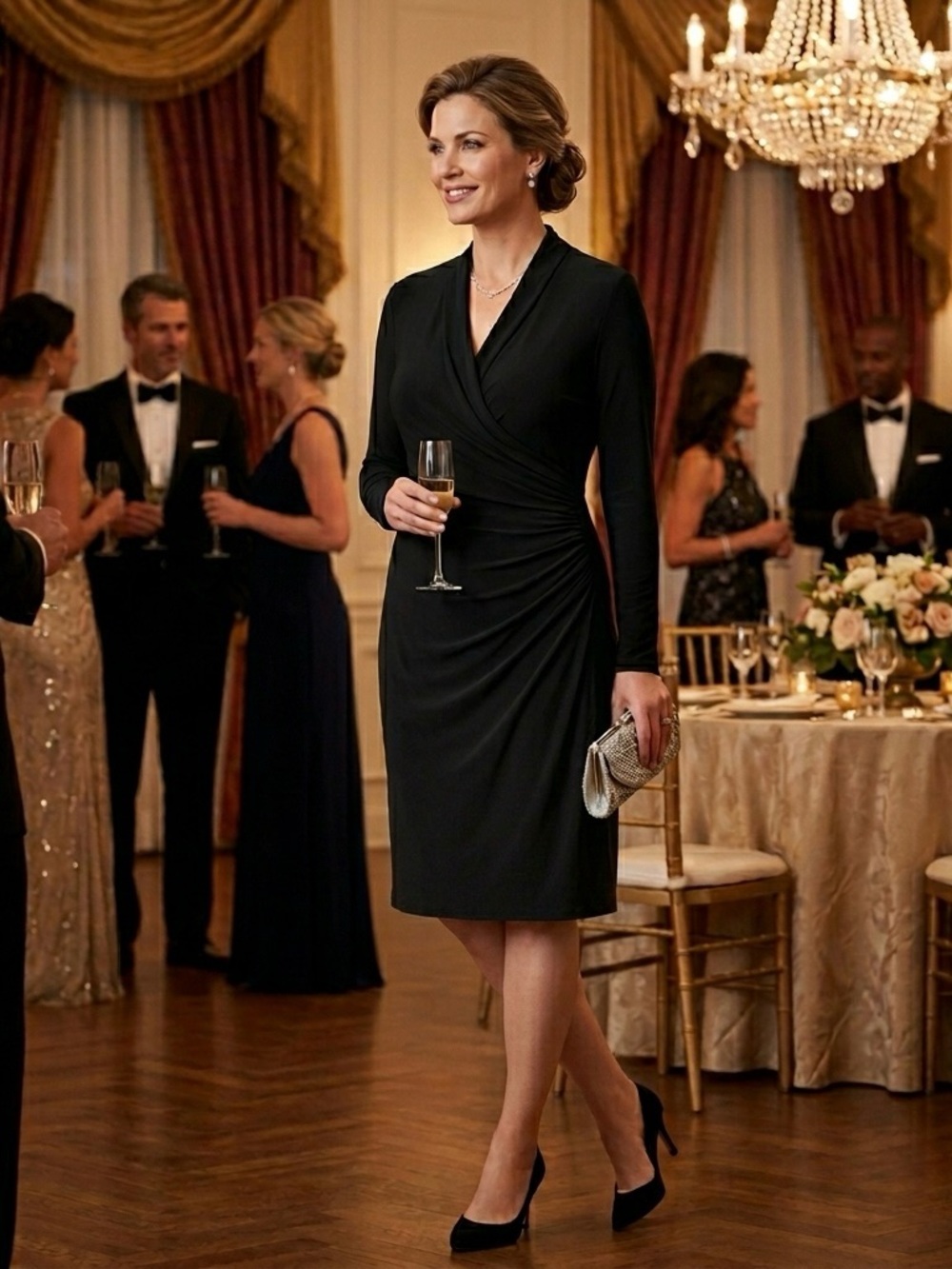 🔴 Lauren Ralph Lauren Matte Jersey Ruched Faux Wrap Dress Black Size 14 LBD